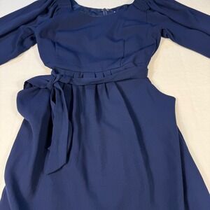 Ya Los Angeles Navy BlueDress Tie Waist Puff Sleeve Square Neck Career Lananlook